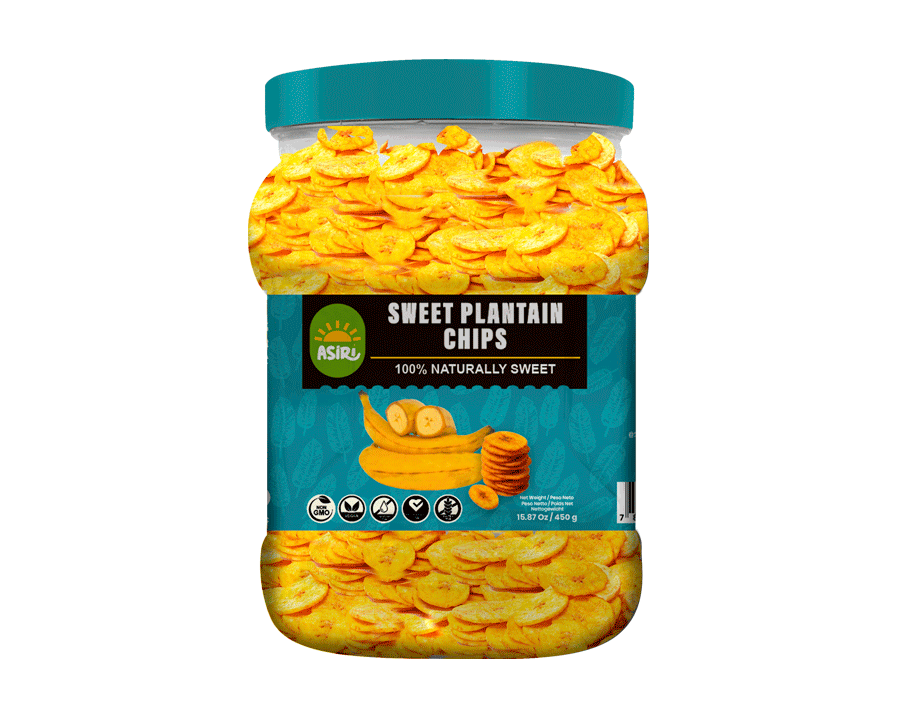 Plátano dulce chips en formato de bote